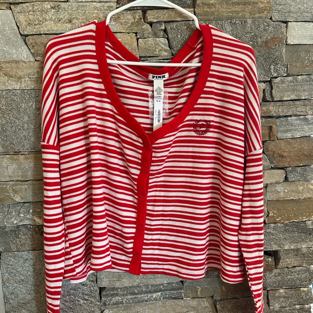 PINK Victoria's Secret Red and White Striped Button Down Shirt